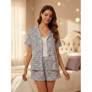 Thalia Sodi Leopard Print Pajama Set Shorts & Button Down Top Women's Size M